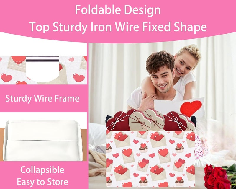 BOOHIT Valentines Day Basket Large Foldable Heart Shaped Storage Box for Gifts Kids Empty Storage Bins Rectangular Toy Organizer Decor (Envelope Cake Love) - Image 5